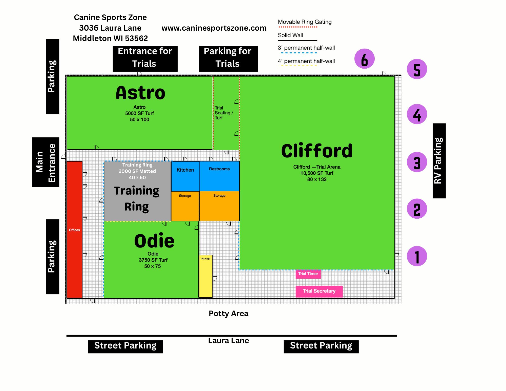 Canine Sports Zone building map showing Astro, Clifford, and Odie turf arenas, the training ring, entrances, parking, and the potty area